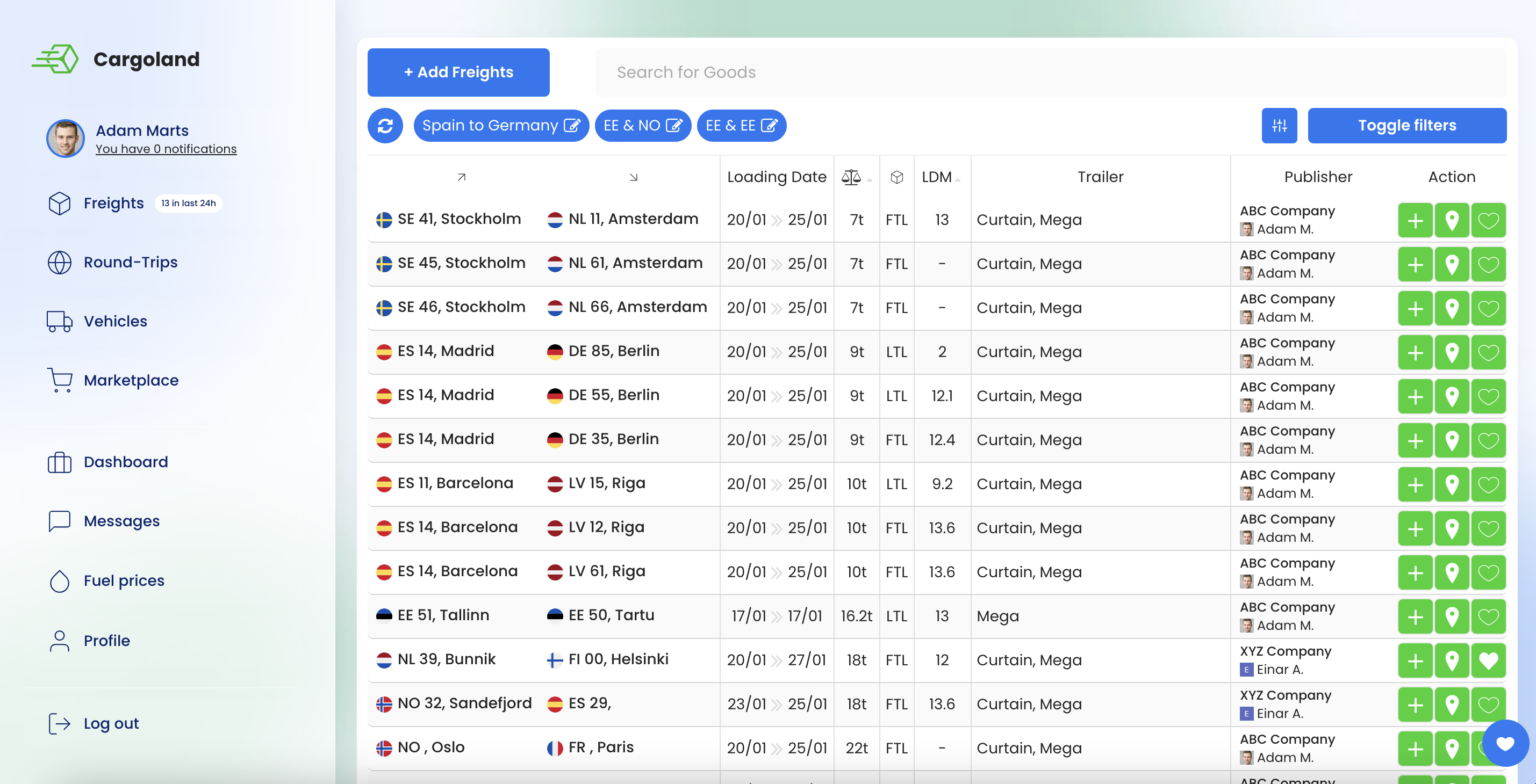 Freight management, logistics dashboard